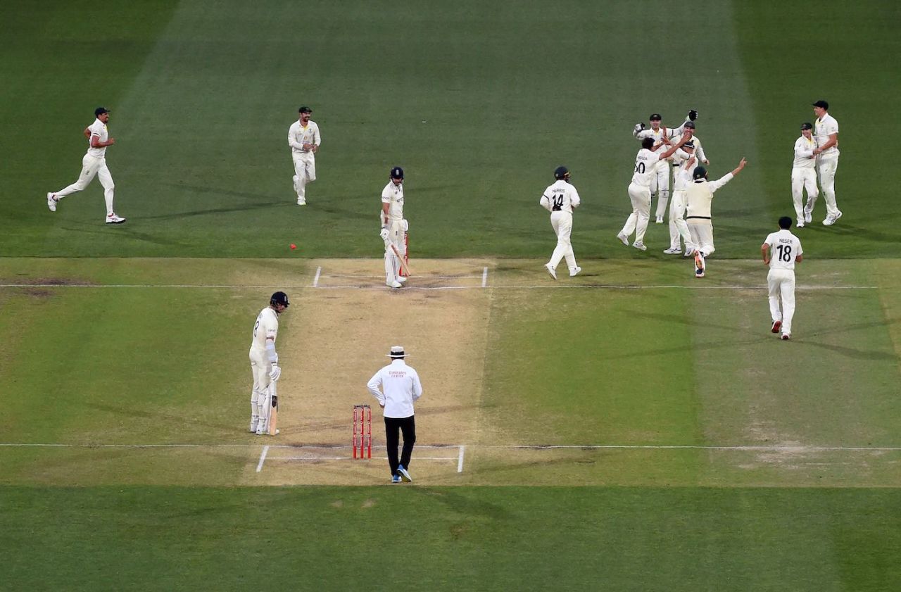 Australia celebrate as James Anderson's wicket falls, Australia vs England, 2nd Test, The Ashes, Adelaide, 5th day, December 20, 2021