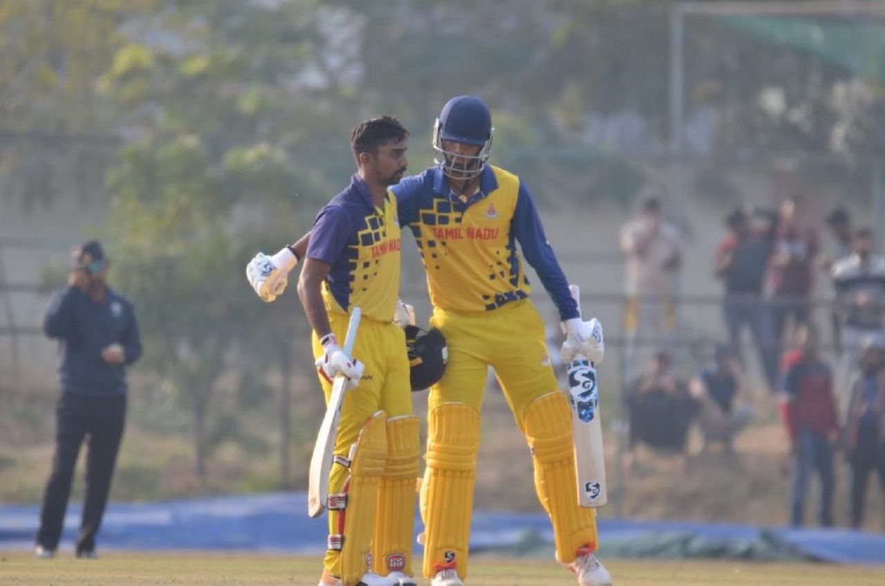 B Aparajith celebrates his hundred with Washington Sundar, Tamil Nadu vs Saurashtra, Vijay Hazare Trophy semi-final, Jaipur, December 24, 2021
