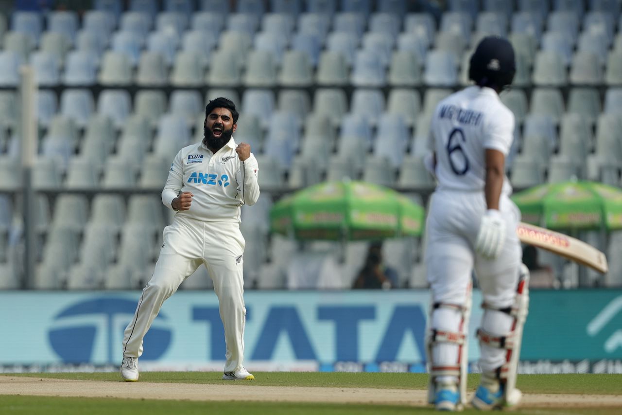 Ajaz Patel roars after dismissing Wridhhiman Saha, India vs New Zealand, 2nd Test, Wankhede, 2nd day, December 4, 2021