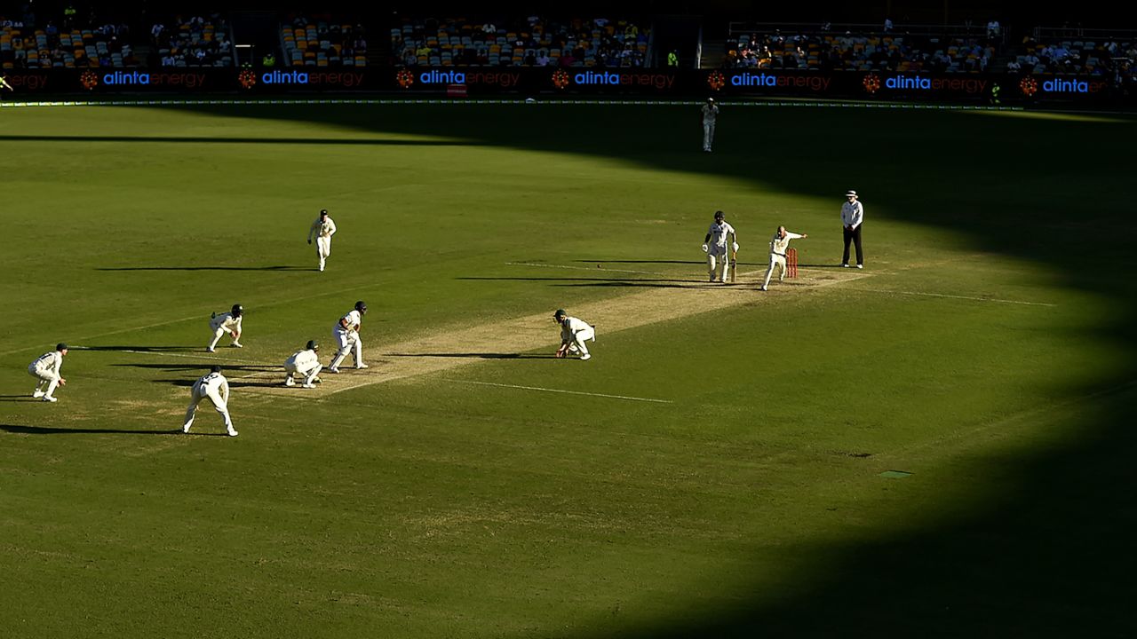 Nathan Lyon bowls as the shadows lengthen, Australia vs India, 4th Test, Brisbane, 5th day, January 19, 2021