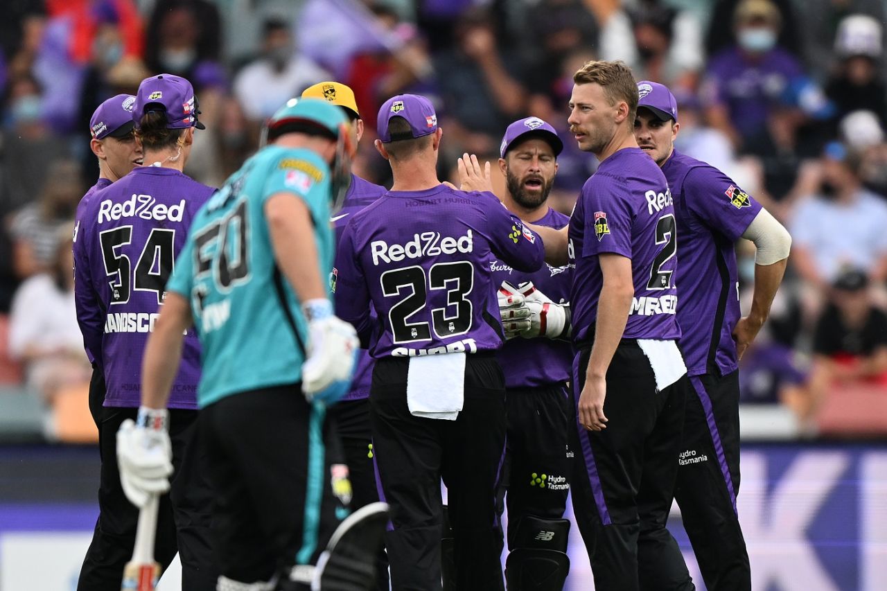 Riley Meredith celebrates a wicket with his team-mates, Hobart Hurricanes vs Brisbane Heat, BBL 2021-22, Hobart, January 01, 2022