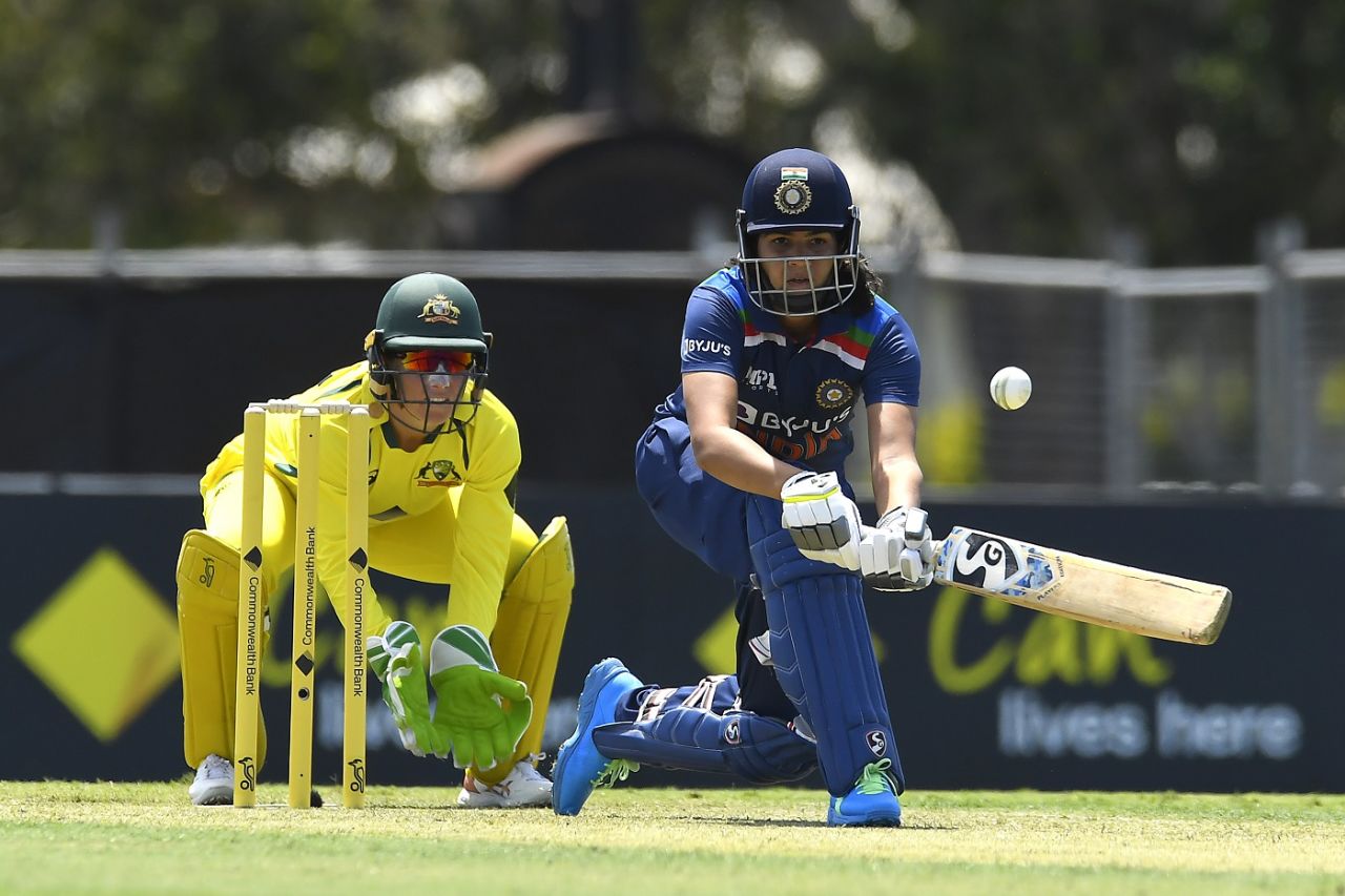 Yastika Bhatia plays a sweep, Australia Women vs India Women, 1st ODI, Mackay, September 21, 2021