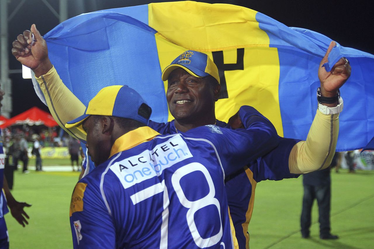 Desmond Haynes celebrates Barbados' victory in the 2014 CPL, St Kitts, August 15, 2014