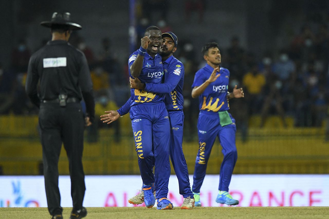 Jayden Seales celebrates a wicket, Galle Gladiators vs Jaffna Kings, Lanka Premier League, Colombo, December 5, 2021