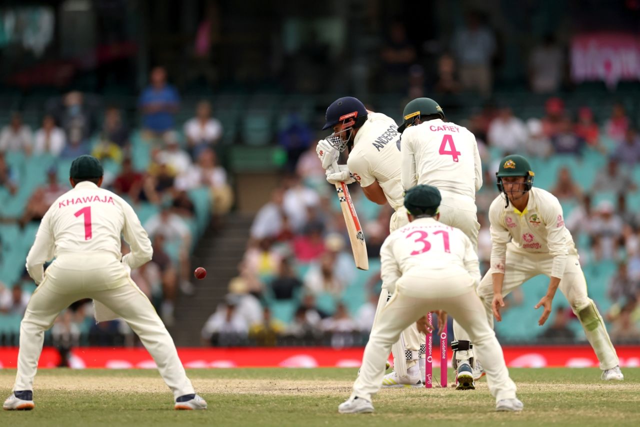 Crunch time: James Anderson defends in the last over of the game, Australia vs England, Men's Ashes, 4th Test, 5th day, Sydney, January 9, 2022