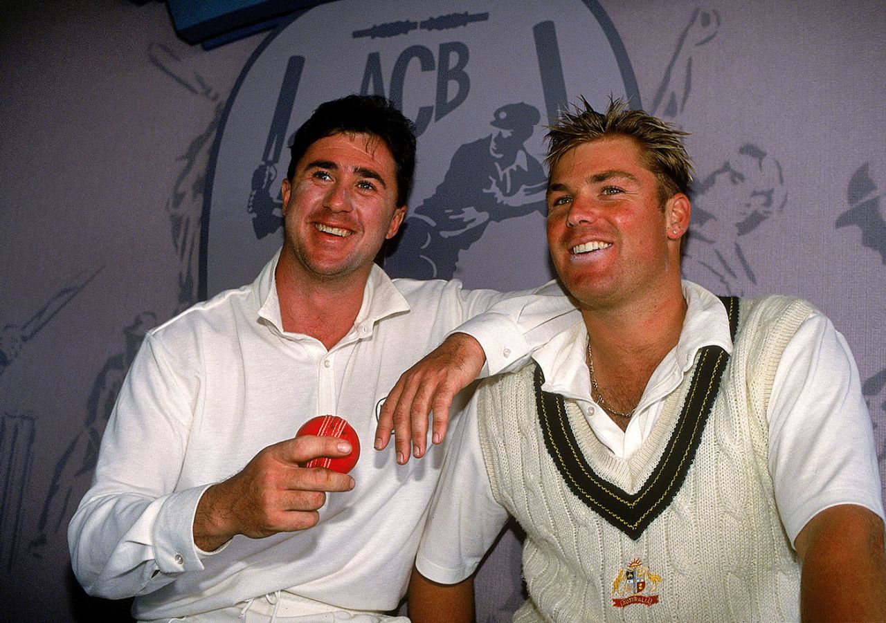 Tim May and Shane Warne after their matchwinning double act against New Zealand, Australia vs New Zealand, 2nd Test, Hobart, November 29, 1993
