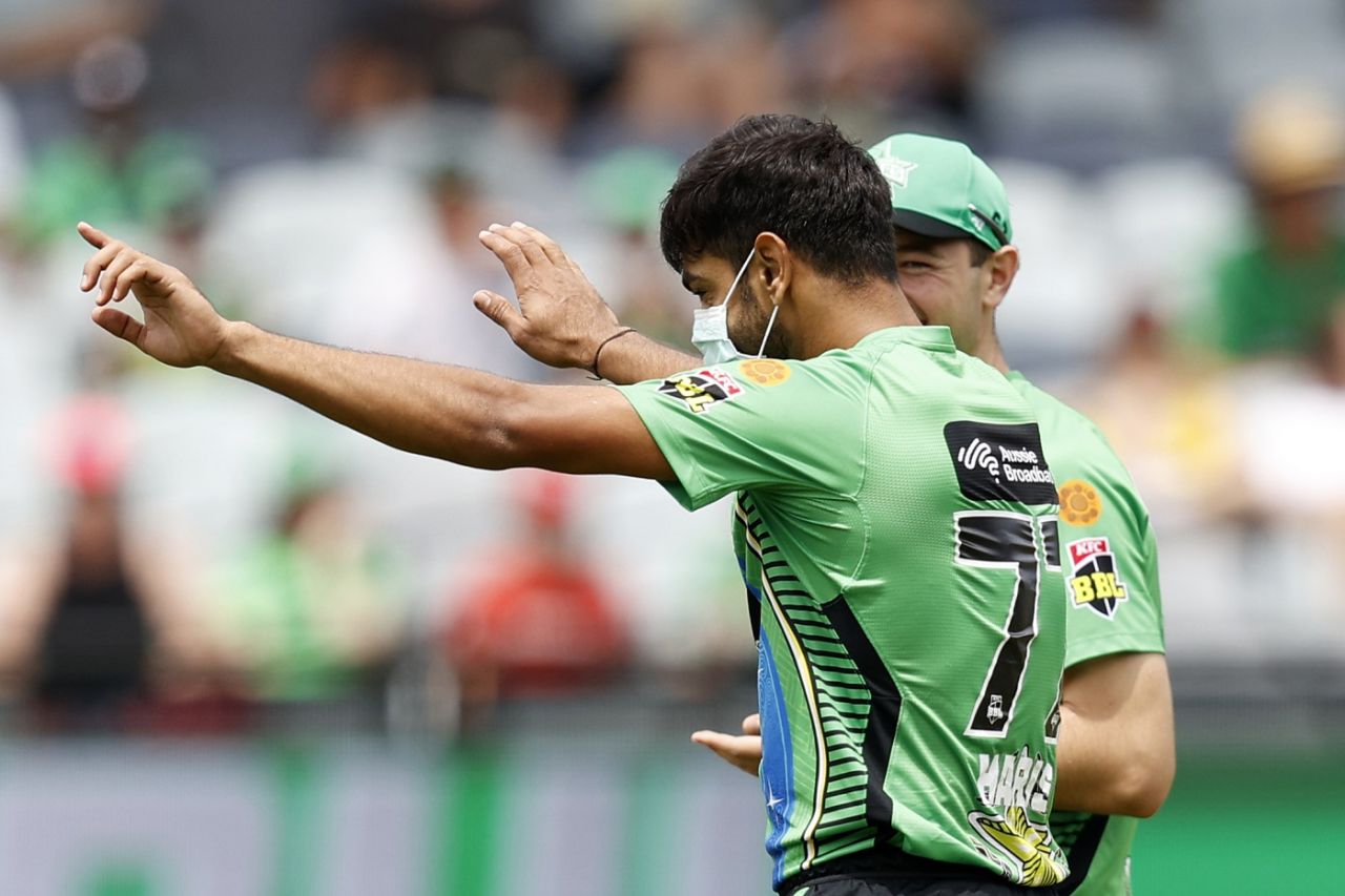 Safety first: Haris Rauf maintains a safe distance after taking a wicket, Perth Scorchers vs Melbourne Stars, BBL 2021-22, Geelong, January 11, 2022