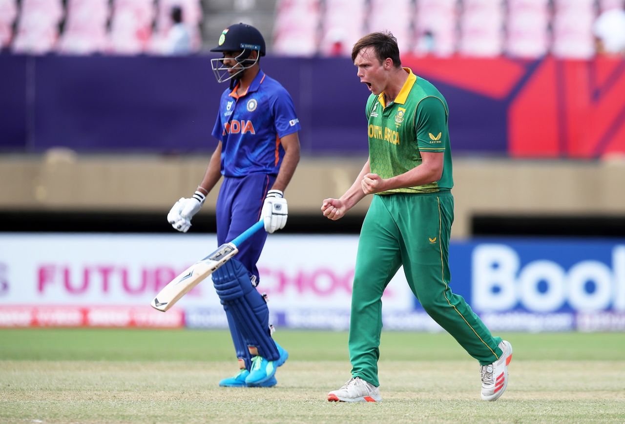Matthew Boast celebrates after dismissing Dinesh Bana, India Under-19 vs South Africa Under-19, Under-19 World Cup 2022, Providence, January 15, 2022 
