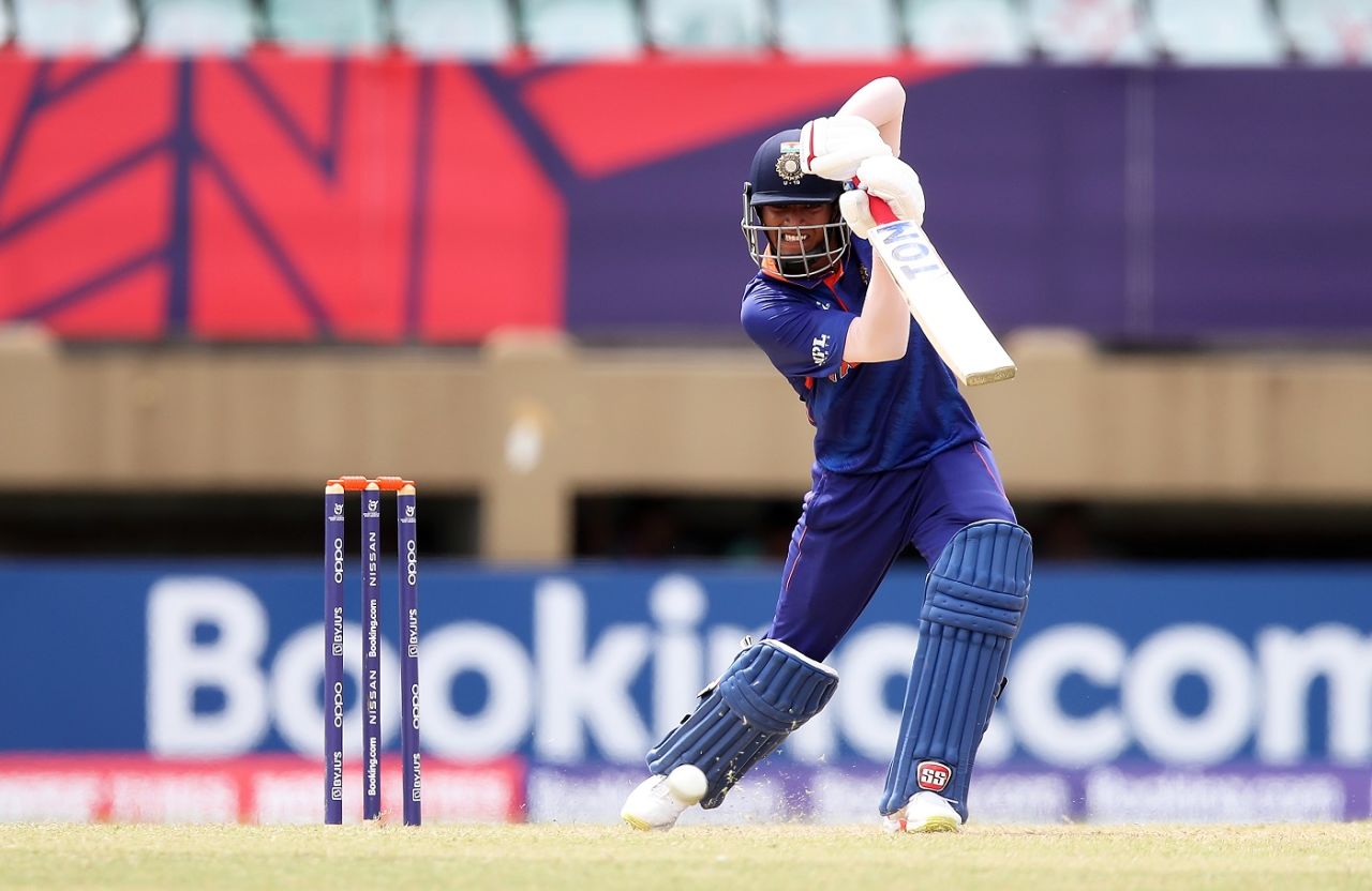 Yash Dhull drives along the ground, India Under-19 vs South Africa Under-19, Under-19 World Cup, Providence, January 15, 2022 