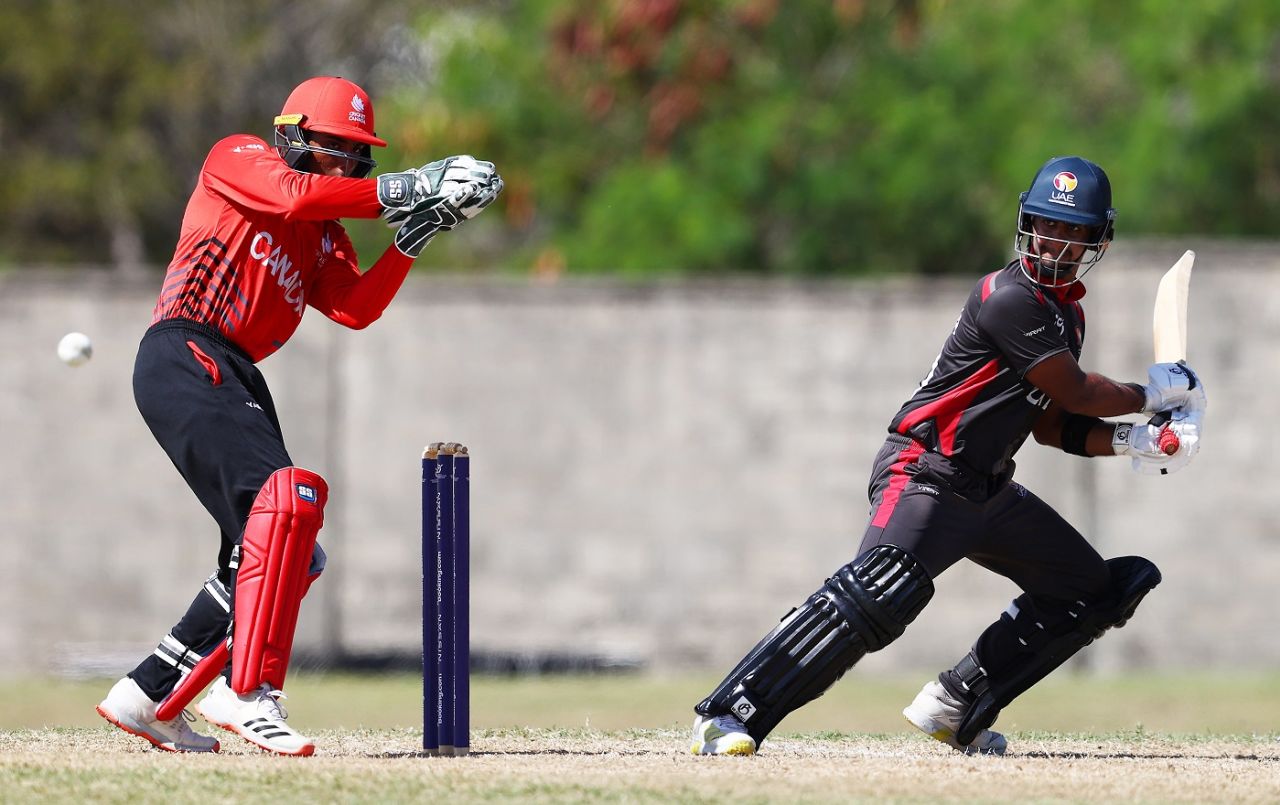 Punya Mehra jabs at the ball, Canada Under-19 vs UAE Under-19, Under-19 World Cup, Basseterre, January 15, 2022