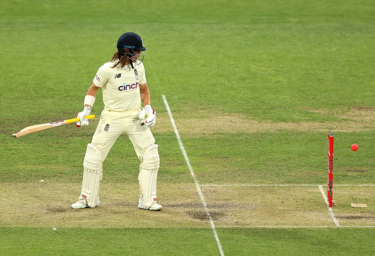 Rory Burns watches the ball bounce just over the stumps, Australia vs England, Men's Ashes, 5th Test, 3rd day, Hobart, January 16, 2021