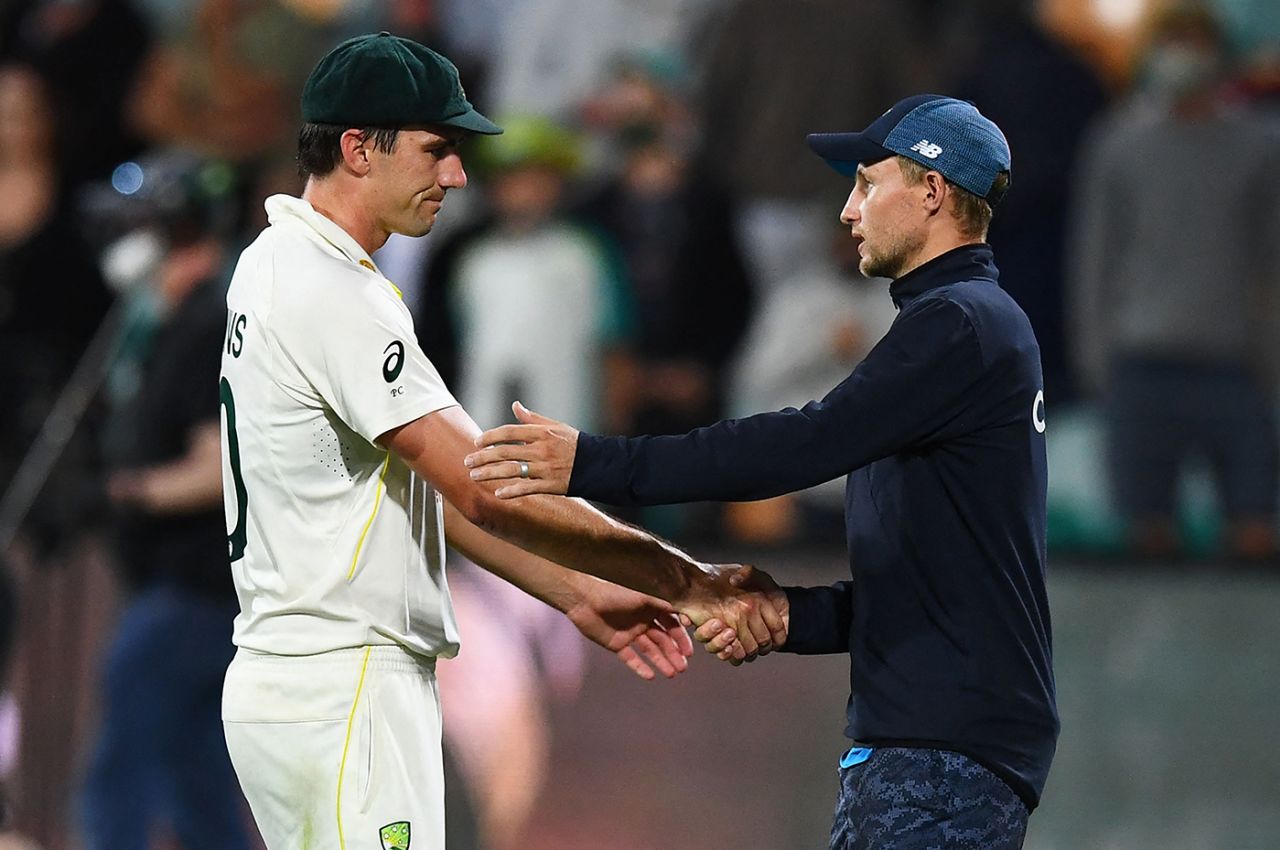 Pat Cummins gets a handshake from Joe Root, Australia vs England, Men's Ashes, 5th Test, 3rd day, Hobart, January 16, 2021