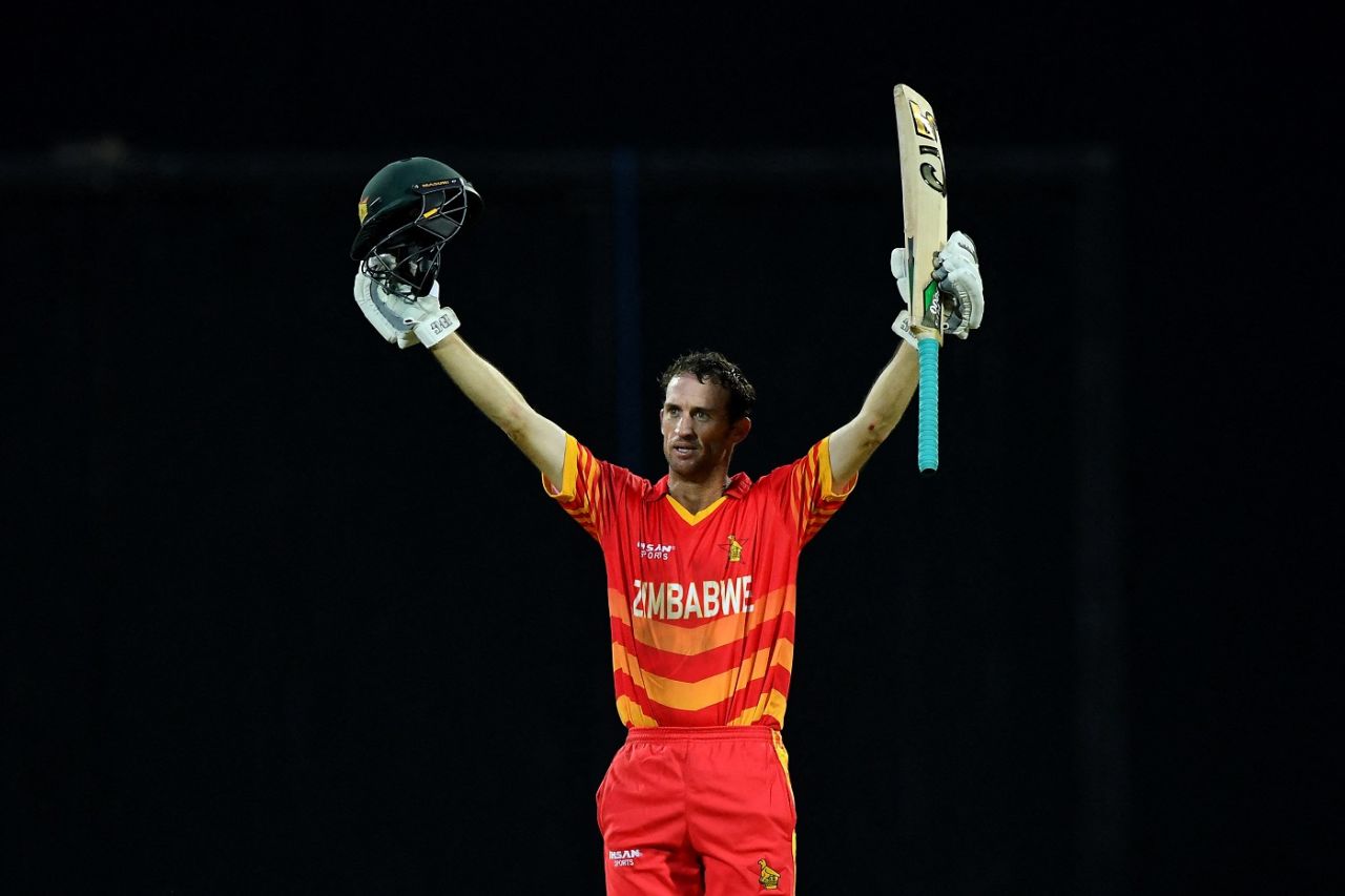 Sean Williams celebrates his hundred, Sri Lanka vs Zimbabwe, 1st ODI, Pallekele, January 16, 2022