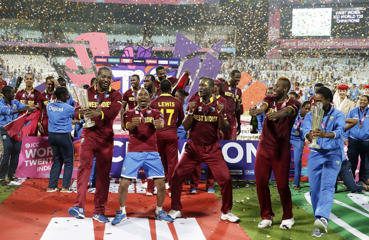 Chris Gayle, Darren Bravo, Daren Sammy and Andre Russell dance and celebrate the World Cup win, England v West Indies, World T20, final, Kolkata, April 3, 2016 