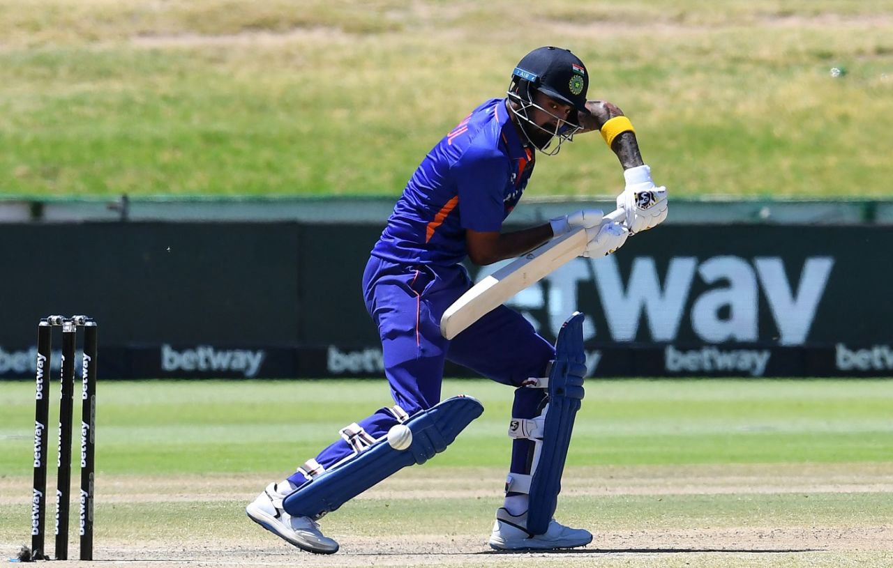 KL Rahul defends the ball, South Africa vs India, 2nd ODI, Paarl, January 21, 2022