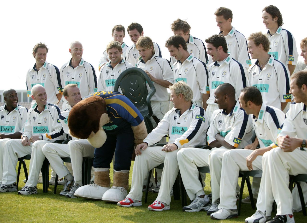 The players laugh as the mascot 'Harry Hawk' joins them for a picture during the Hampshire County Cricket Club Photocall, Rose Bowl, Southampton, April 12, 2007