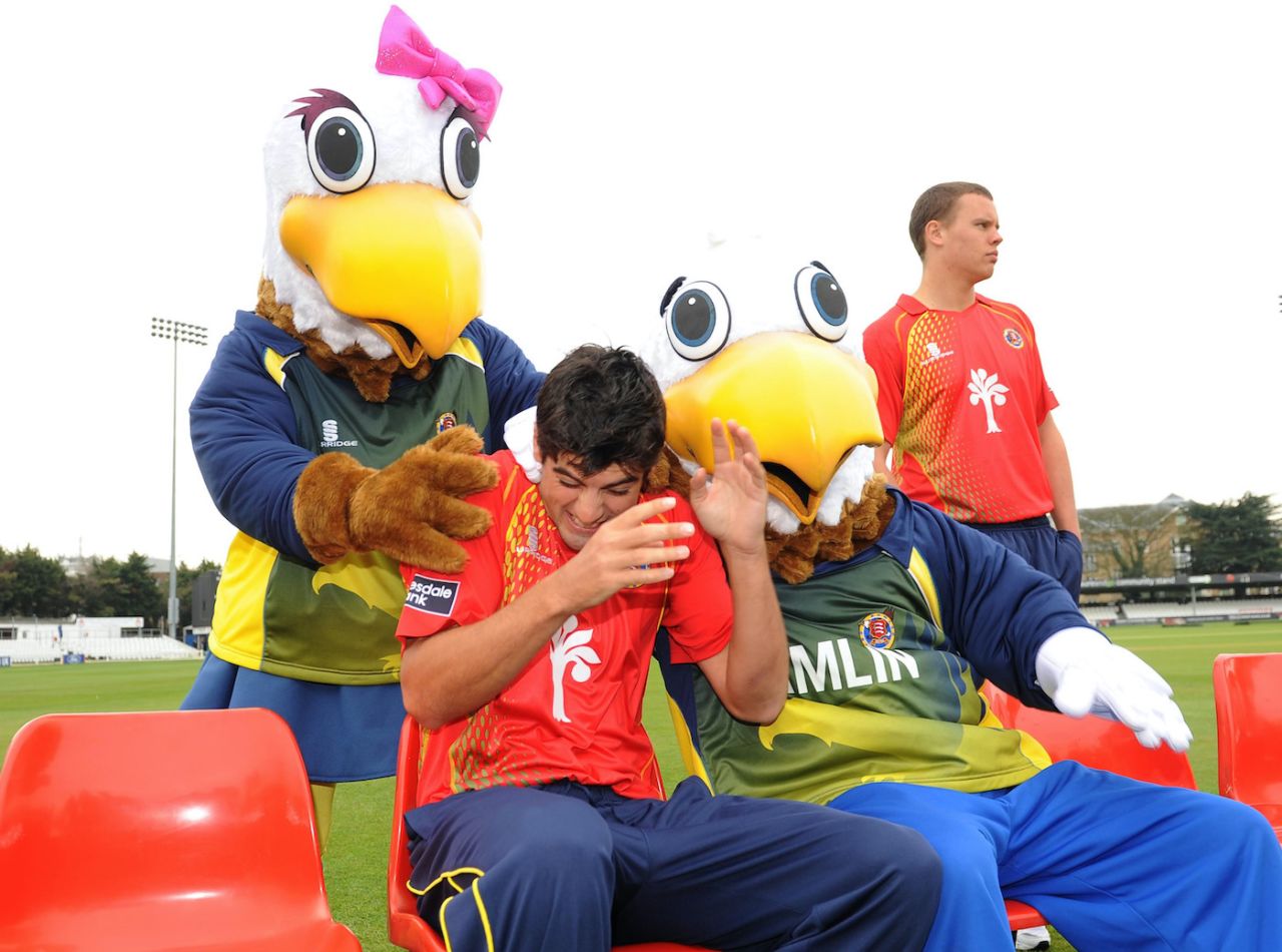 Alastair Cook jokes with mascots during a media session at The County Ground, Chelmsford, April 07, 2010