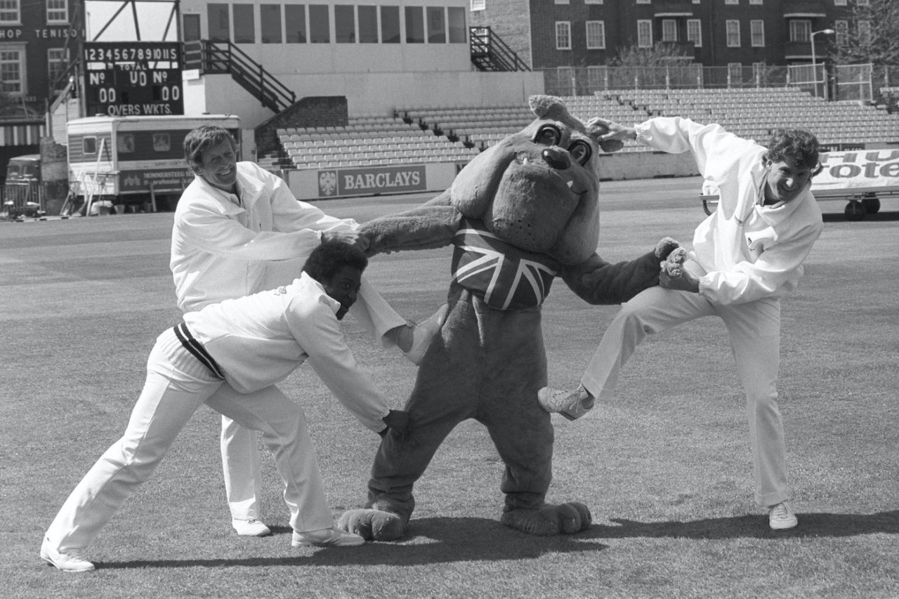 Pat Pocock, Monte Lynch and David Thomas get to grips with Winston the Bulldog, The Oval, April 26,1985