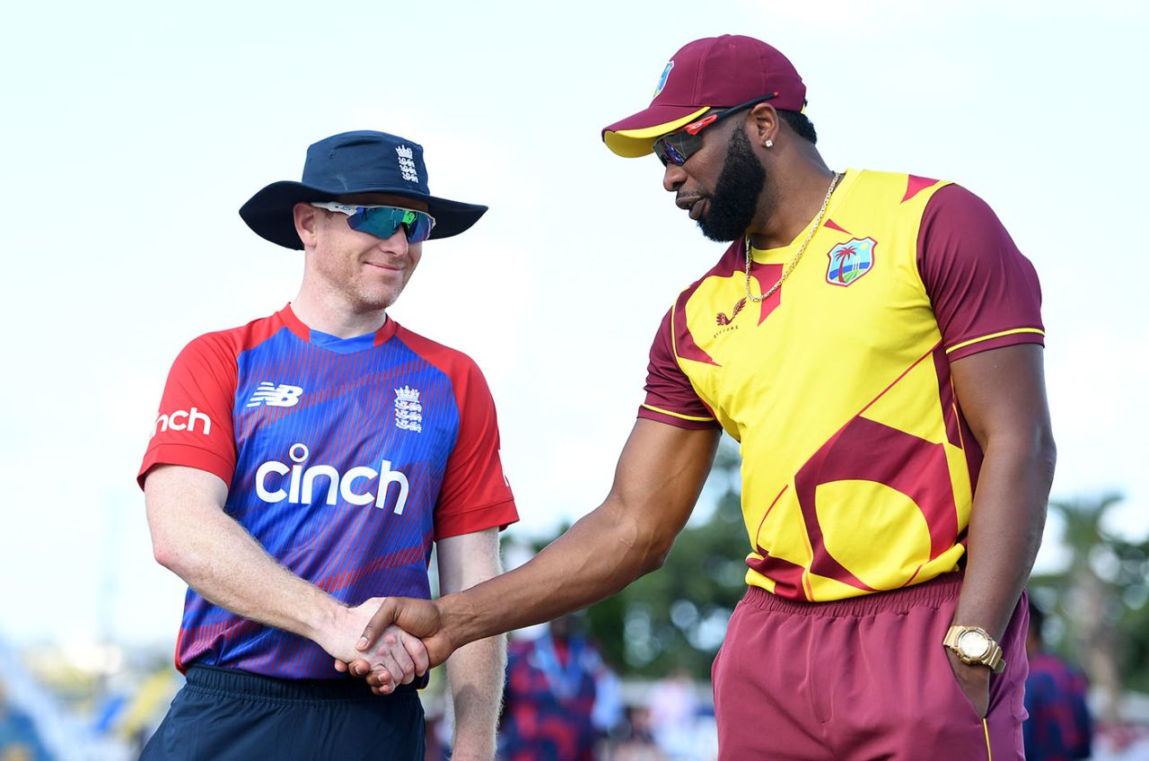 Kieron Pollard and Eoin Morgan shake hands at the toss, West Indies vs England, 2nd T20I, Kensington Oval, Barbados, January 23, 2022