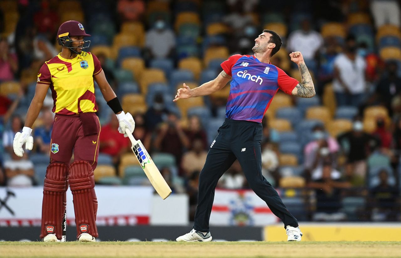 Reece Topley celebrates the wicket of Brandon King, West Indies vs England, 2nd T20I, Kensington Oval, Barbados, January 23, 2022