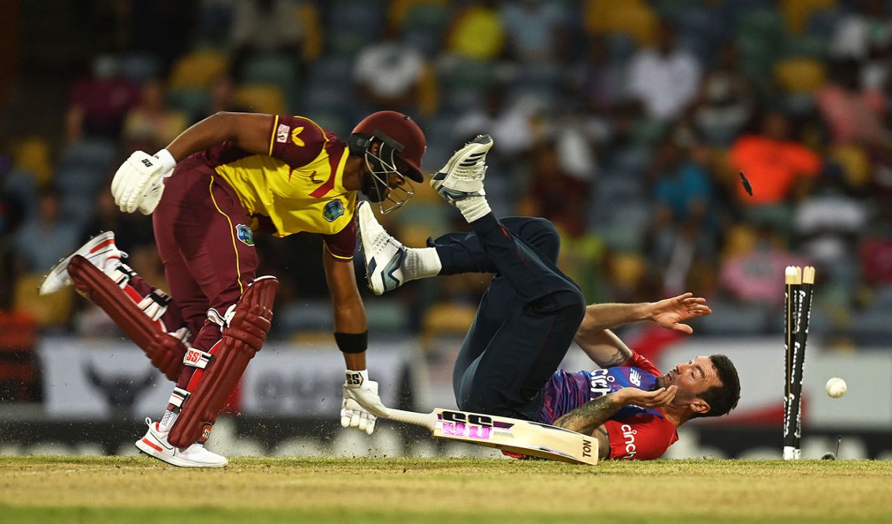 Shai Hope is run out by Reece Topley, West Indies vs England, 2nd T20I, Kensington Oval, Barbados, January 23, 2022