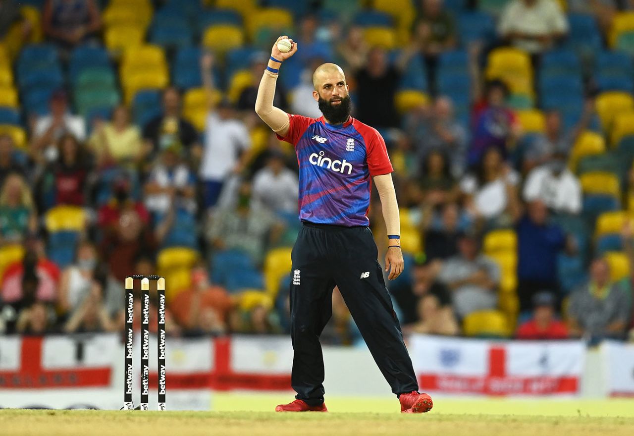 Moeen Ali celebrates the wicket of Jason Holder, West Indies vs England, 2nd T20I, Kensington Oval, Barbados, January 23, 2022