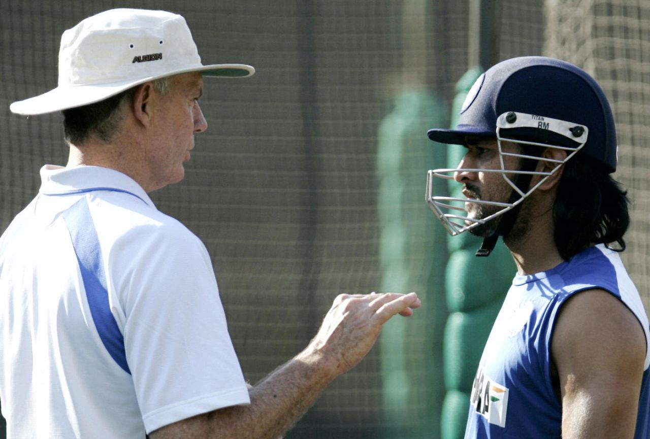 Greg Chappell has a chat with MS Dhoni during a practice session, Champions Trophy 2006, Sardar Patel Stadium, Ahmedabad, October 22, 2006.