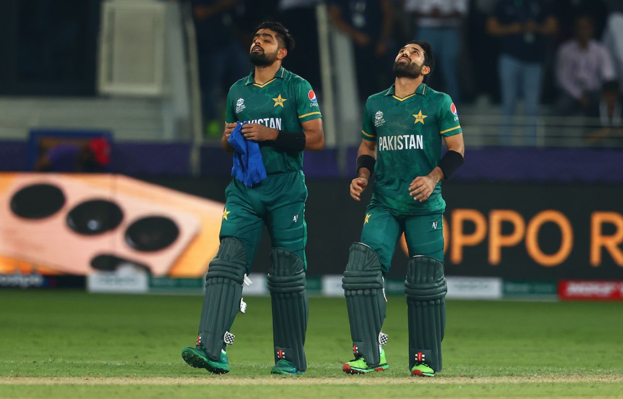 Babar Azam and Mohammad Rizwan soak in the moment after guiding Pakistan to a 10-wicket win, India vs Pakistan, Men's T20 World Cup 2021, Super 12s, Dubai, October 24, 2021