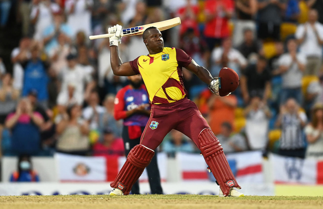 Rovman Powell celebrates his brilliant hundred, West Indies vs England, Kensington Oval, Barbados, 3rd T20I, January 26, 2022
