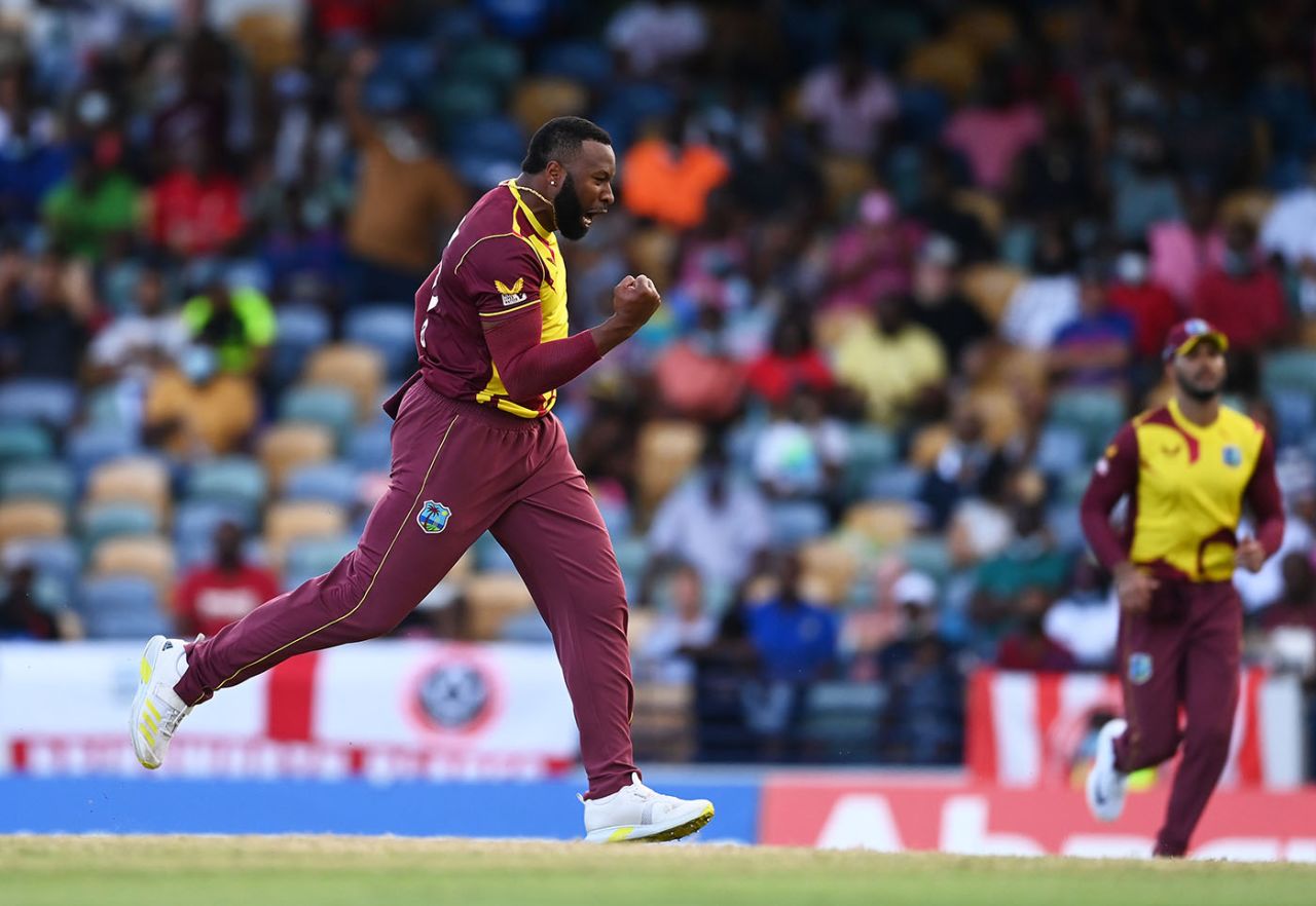 Kieron Pollard roars in celebration after dismissing Jason Roy, West Indies vs England, 4th T20I, Bridgetown, January 29, 2022