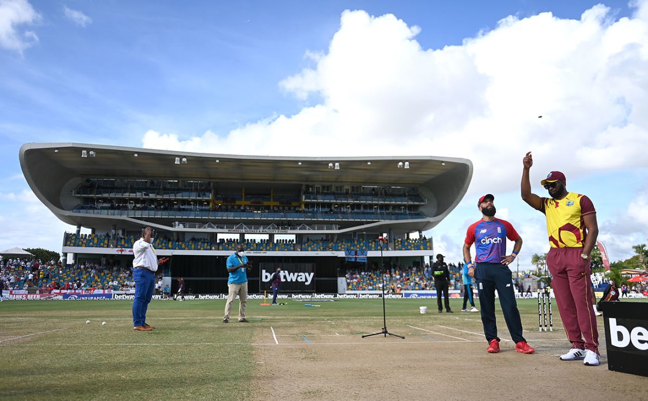 Kieron Pollard and Moeen Ali at the toss, West Indies vs England, 5th T20I, Kensington Oval, Barbados, January 30, 2022