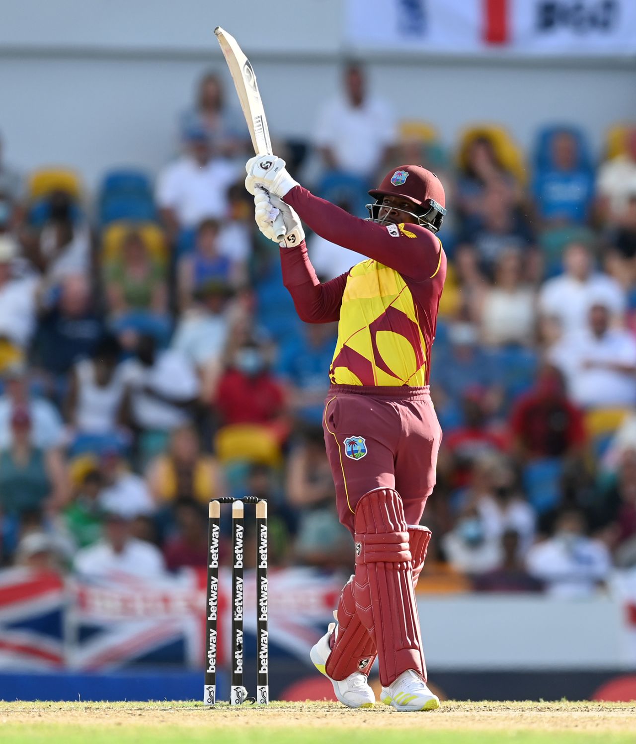 Kyle Mayers climbs into a pull, West Indies vs England, 5th T20I, Kensington Oval, Barbados, January 30, 2022