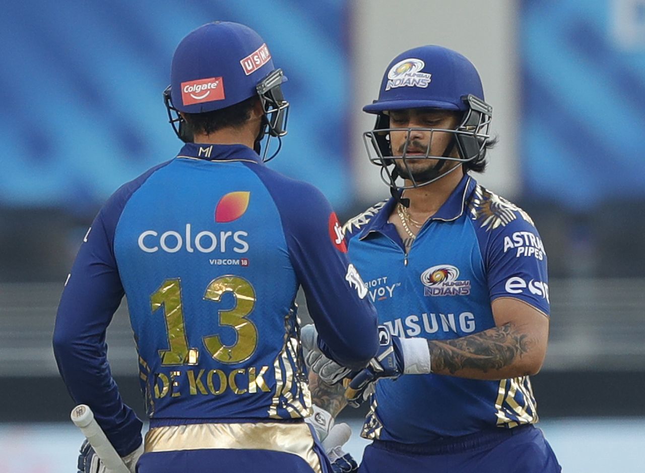 Ishan Kishan and Quinton de Kock catch up during their partnership, Dubai, October 31, 2020