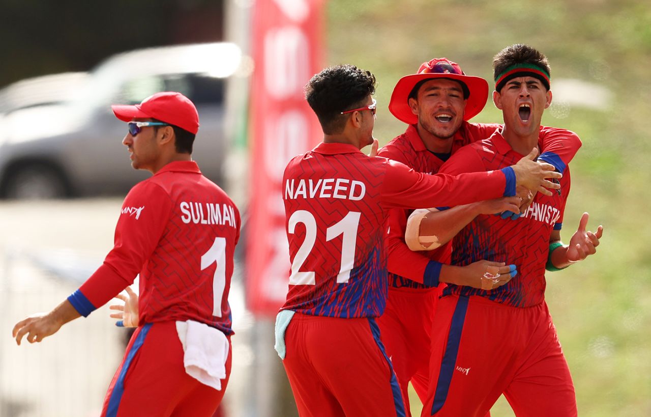 Naveed Zadran bellows in celebration, England vs Afghanistan, ICC Under-19 World Cup semi-final, Antigua, February 1, 2022