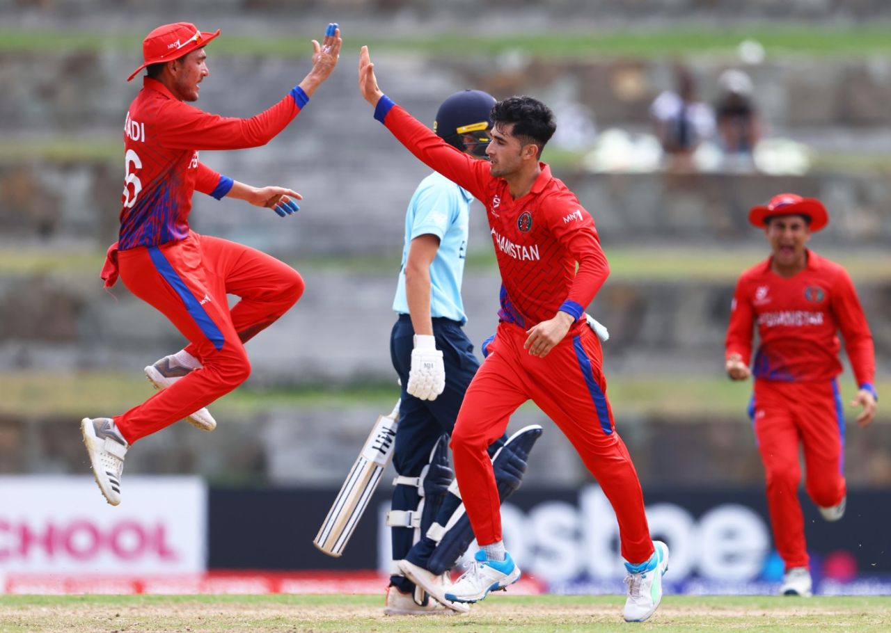 Izharulhaq Naveed celebrates another breakthrough, England vs Afghanistan, ICC Under-19 World Cup semi-final, Antigua, February 1, 2022