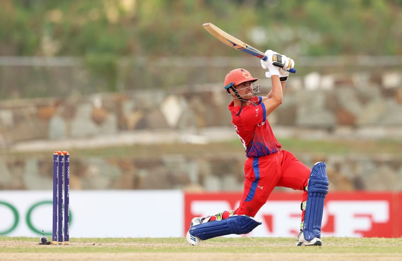 Allah Noor drives down the ground, England vs Afghanistan, ICC Under-19 World Cup semi-final, Antigua, February 1, 2022