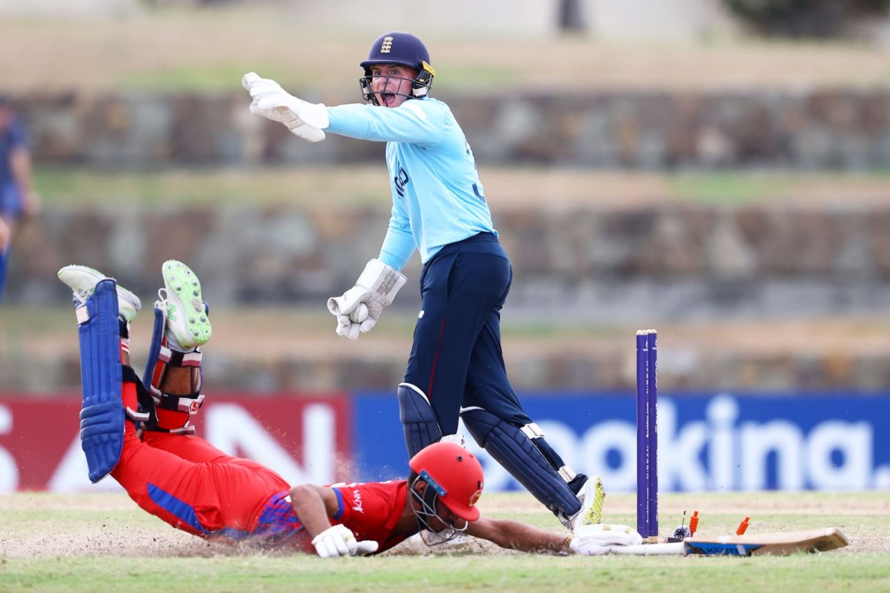 Alex Horton completes the run-out of Mohammad Ishaq, England vs Afghanistan, ICC Under-19 World Cup semi-final, Antigua, February 1, 2022
