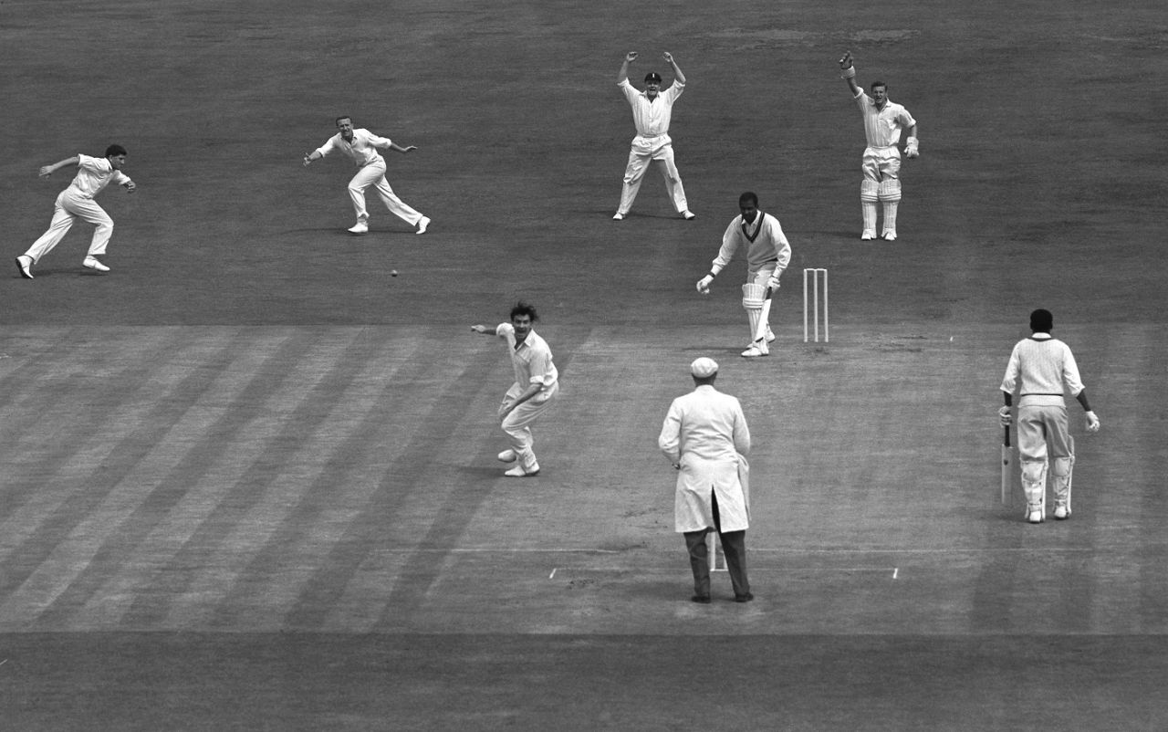 England's Fred Trueman appeals for the wicket of Easton McMorris