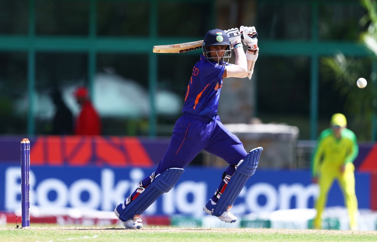 Shaik Rasheed drives through the covers, India vs Australia, Under-19 World Cup semi-finals, Coolidge, February 2, 2022