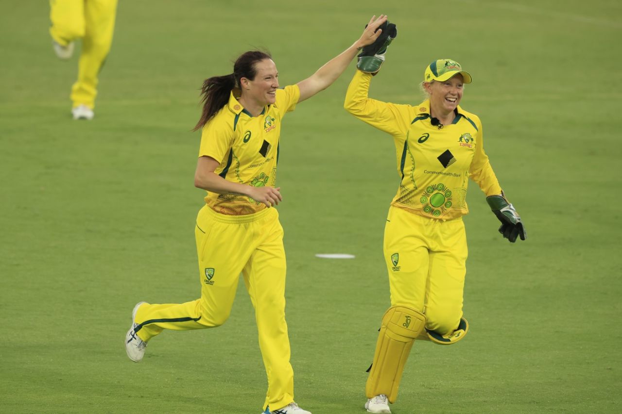 Megan Schutt celebrates her 100th ODI wicket, Australia vs England, 1st ODI, Women's Ashes, Canberra, February 3, 2022