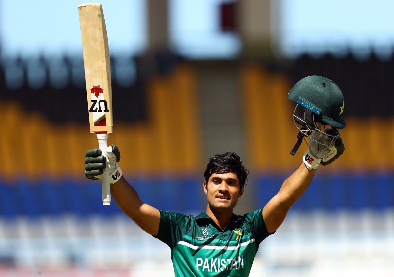Qasim Akram celebrates a century, Pakistan Under-19 vs Sri Lanka Under-19, Under-19 World Cup, Antigua, February 3, 2022