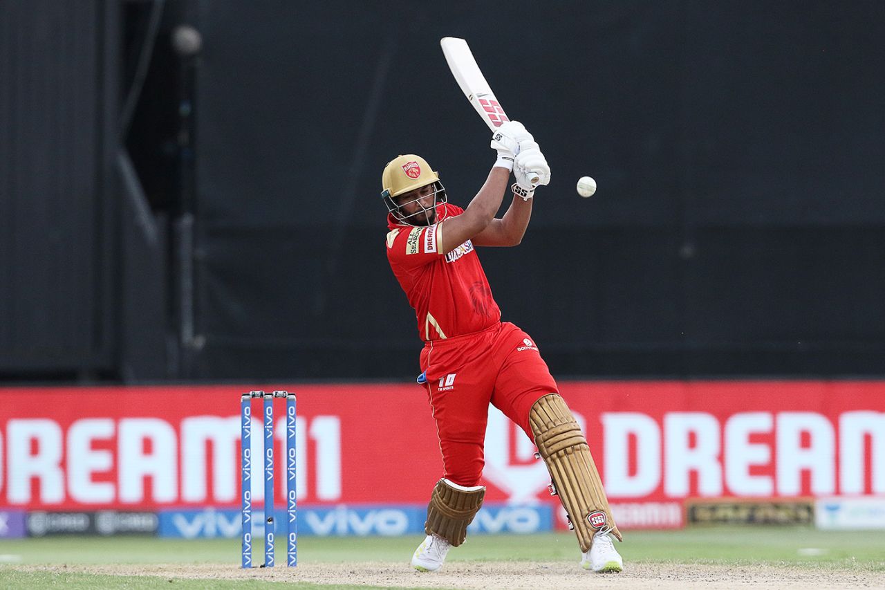 Shahrukh Khan plays a shot to the leg side, Royal Challengers Bangalore vs Punjab Kings, IPL 2021, Sharjah, October 3, 2021