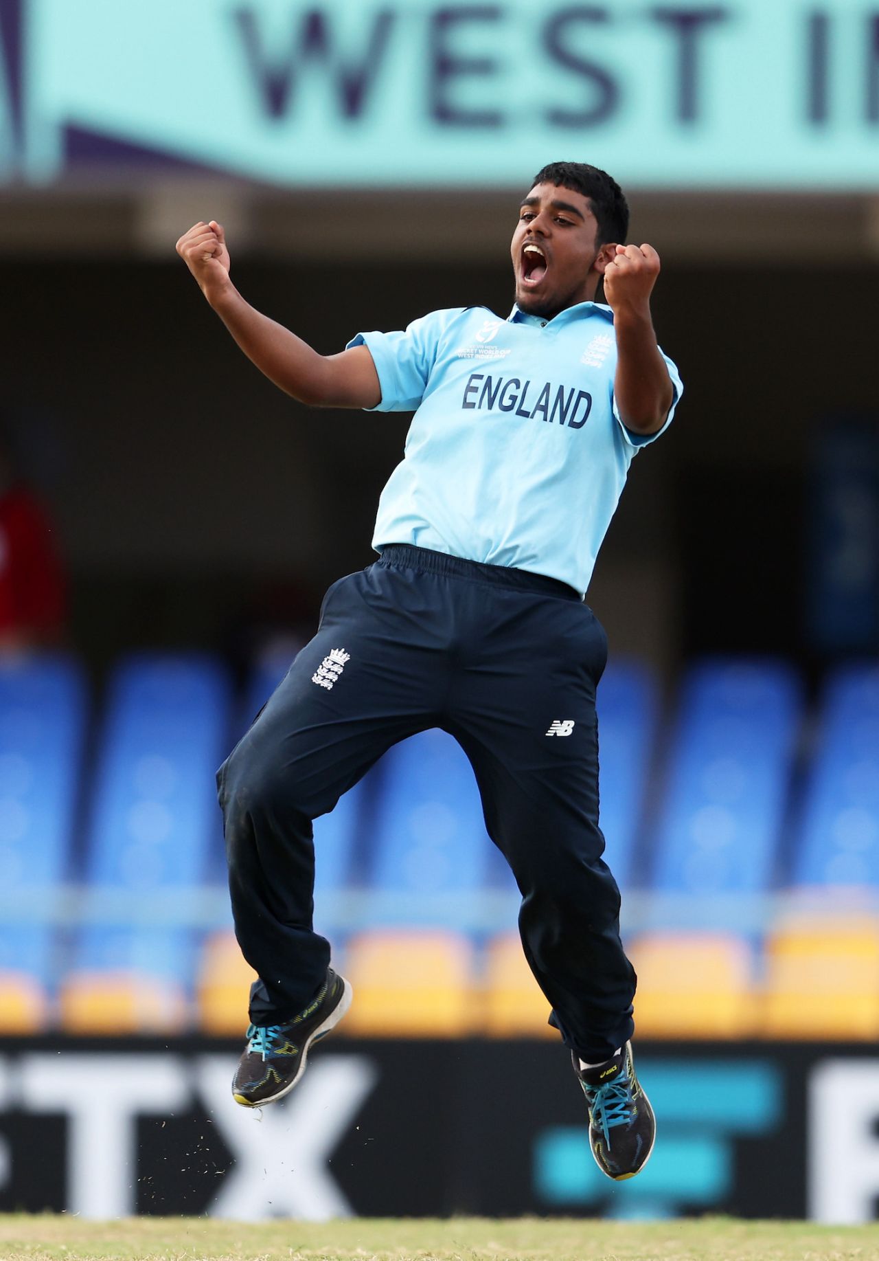 Rehan Ahmed celebrates after picking up the wicket of Bilal Sami of Afghanistan, North Sound, February 1, 2022