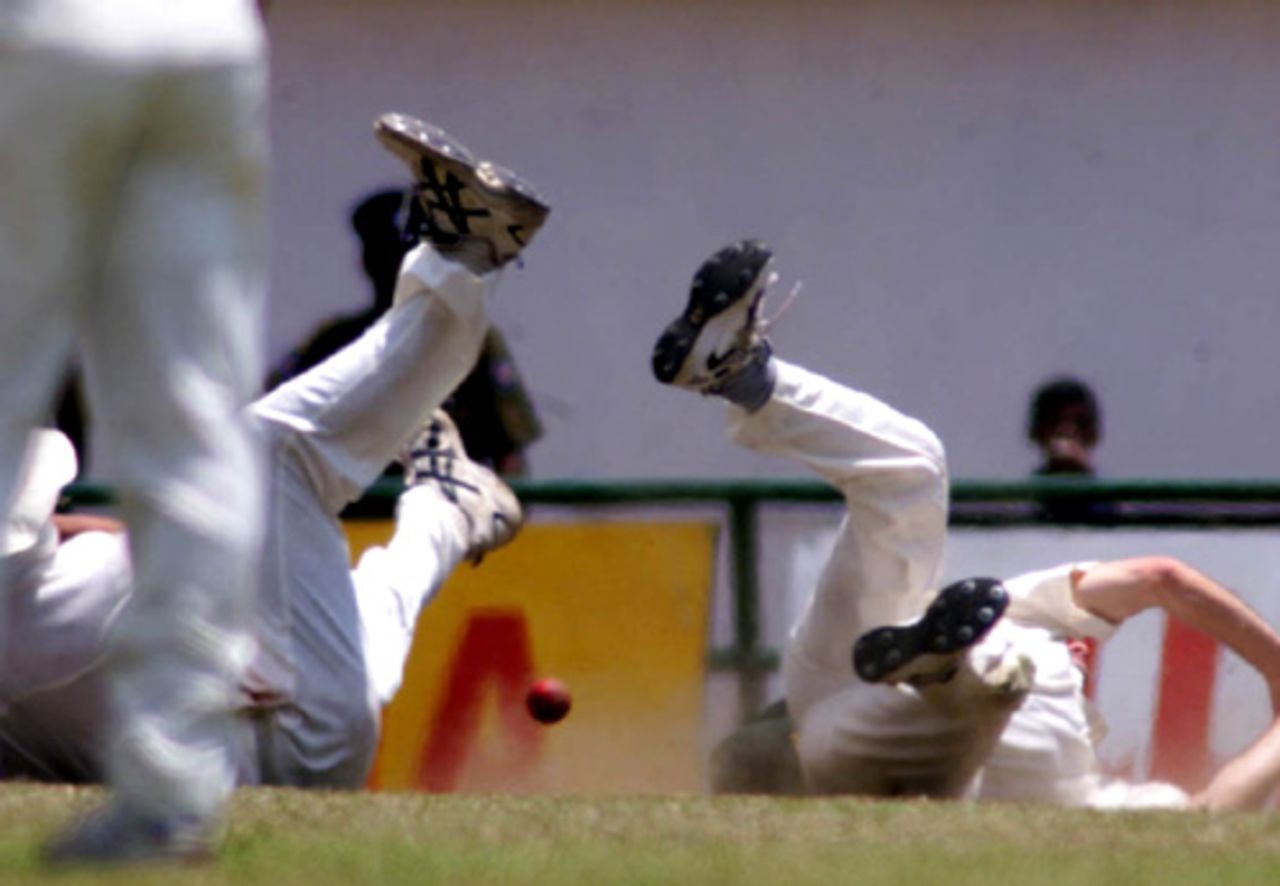 Jason Gillespie and Steve Waugh of Australia collide attempting a catch, Sri Lanka v Australia, 1st Test, Kandy, 2nd day, September 10, 1999