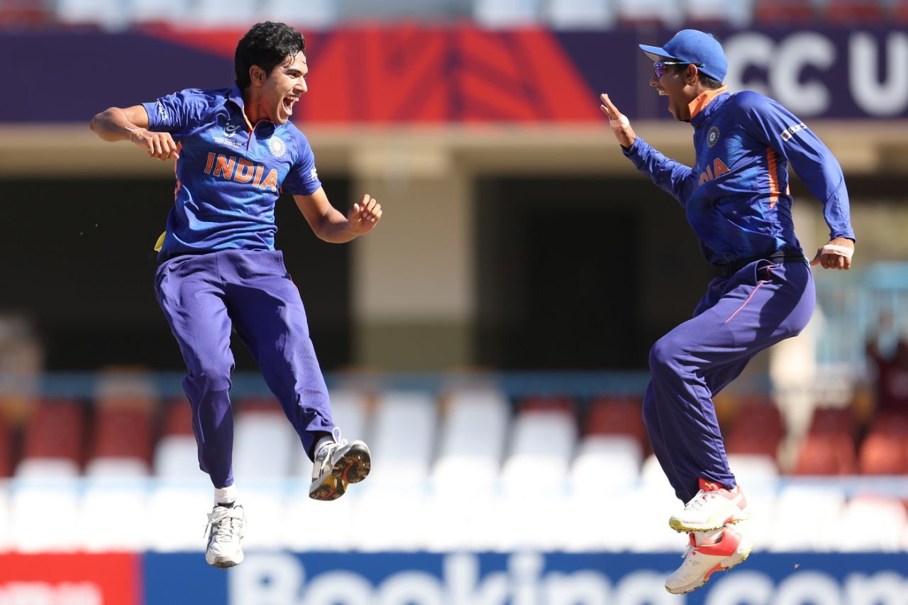 Raj Bawa and Yash Dhull are overjoyed after yet another strike, India vs England, Under-19 World Cup final, North Sound, February 5, 2022