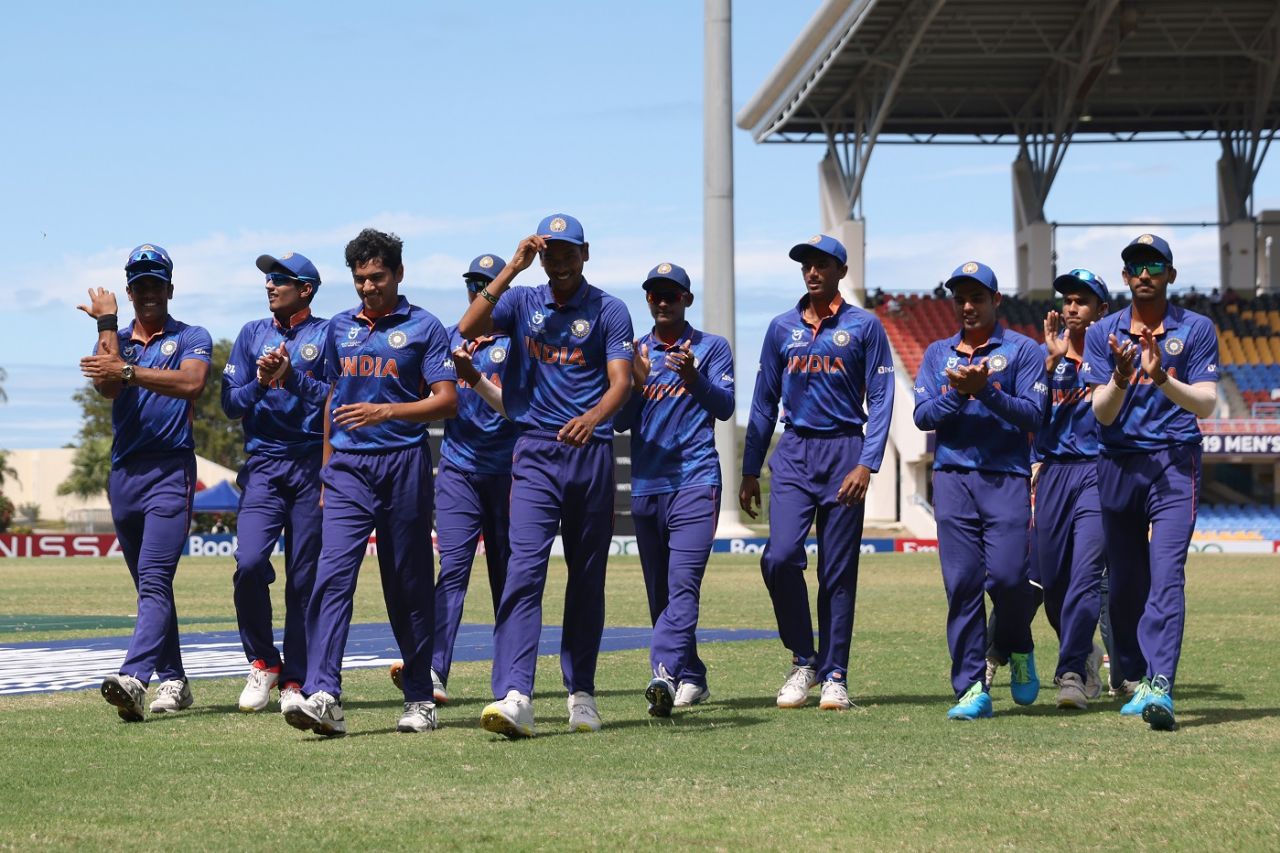 Raj Bawa leads a happy Indian team off the field after taking a five-for, India vs England, Under-19 World Cup final, North Sound, February 5, 2022