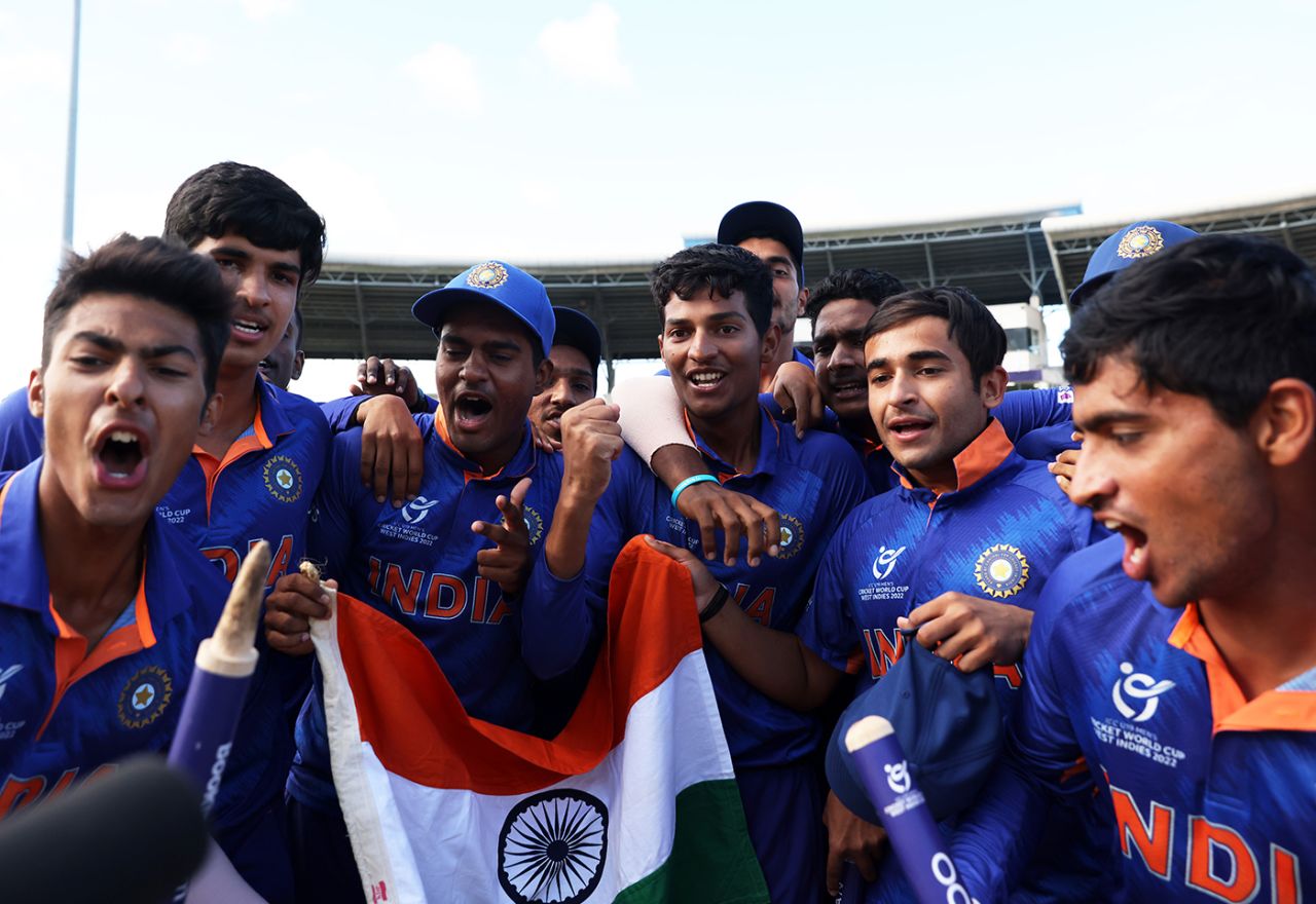 The jubilant India players after securing a fifth Under-19 title, India vs England, Under-19 World Cup final, North Sound, February 5, 2022