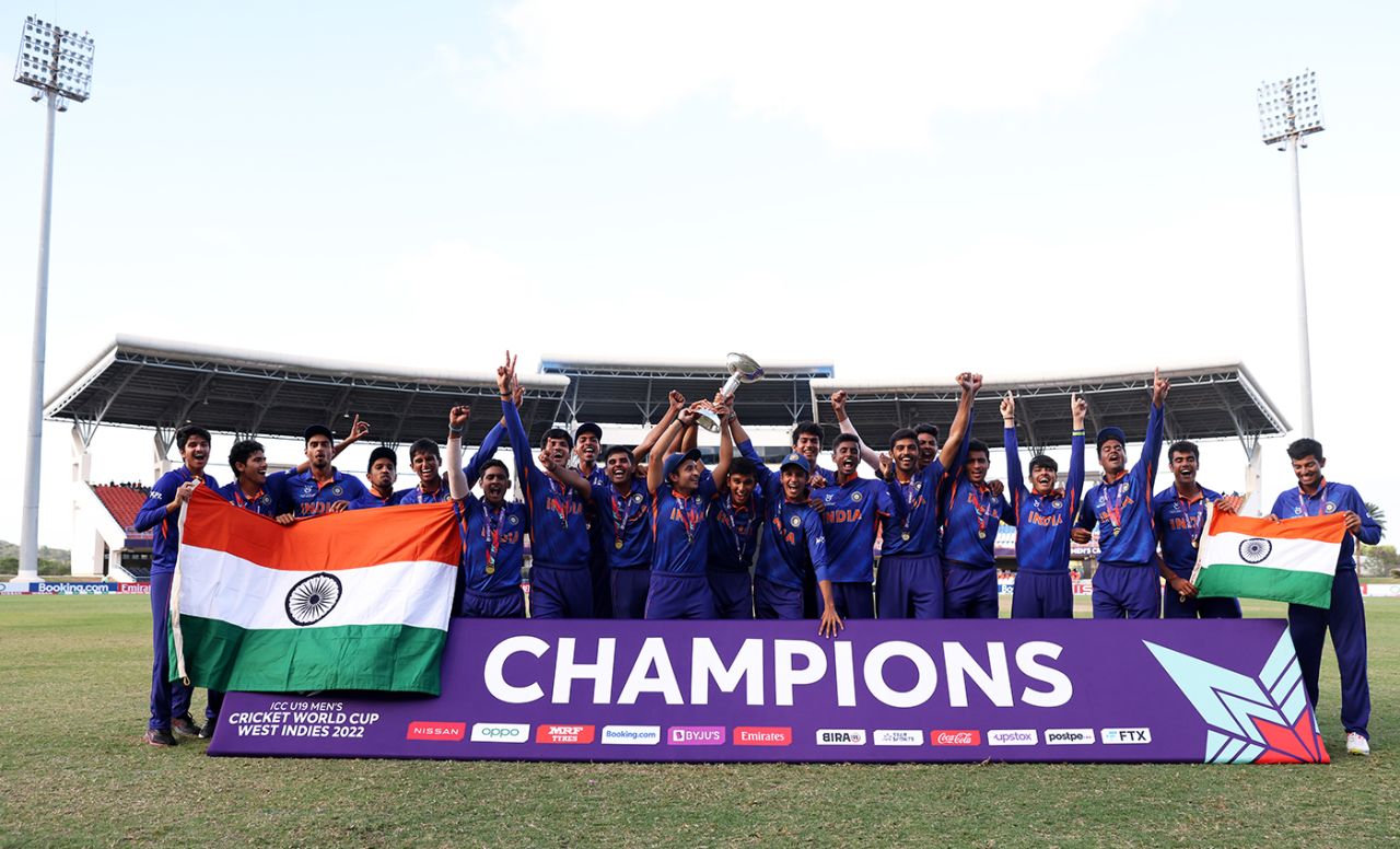 India lift the trophy after a four-wicket win, India vs England, Under-19 World Cup final, North Sound, February 5, 2022