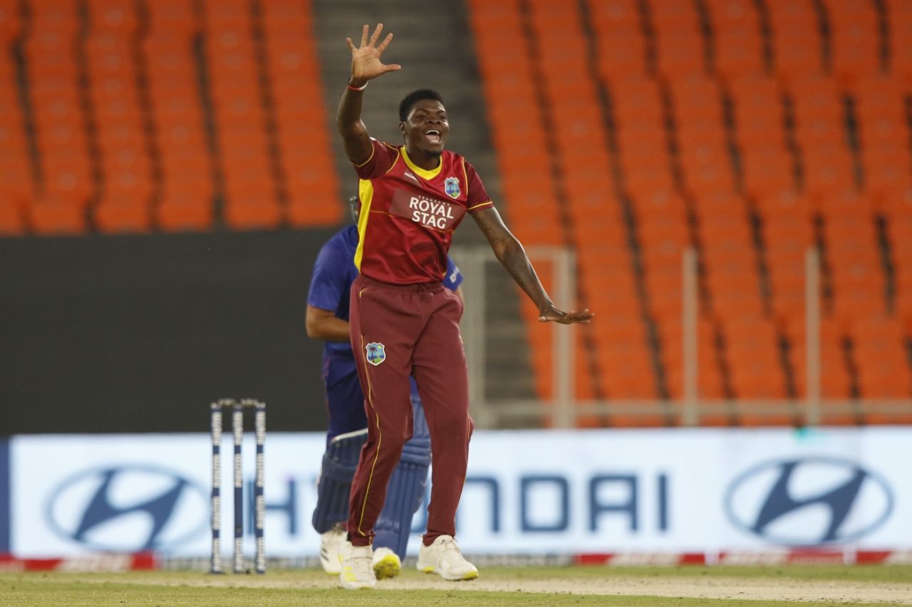 Alzarri Joseph appeals successfully for an lbw against Rohit Sharma, India vs West Indies, 1st ODI, Ahmedabad, February 6, 2022