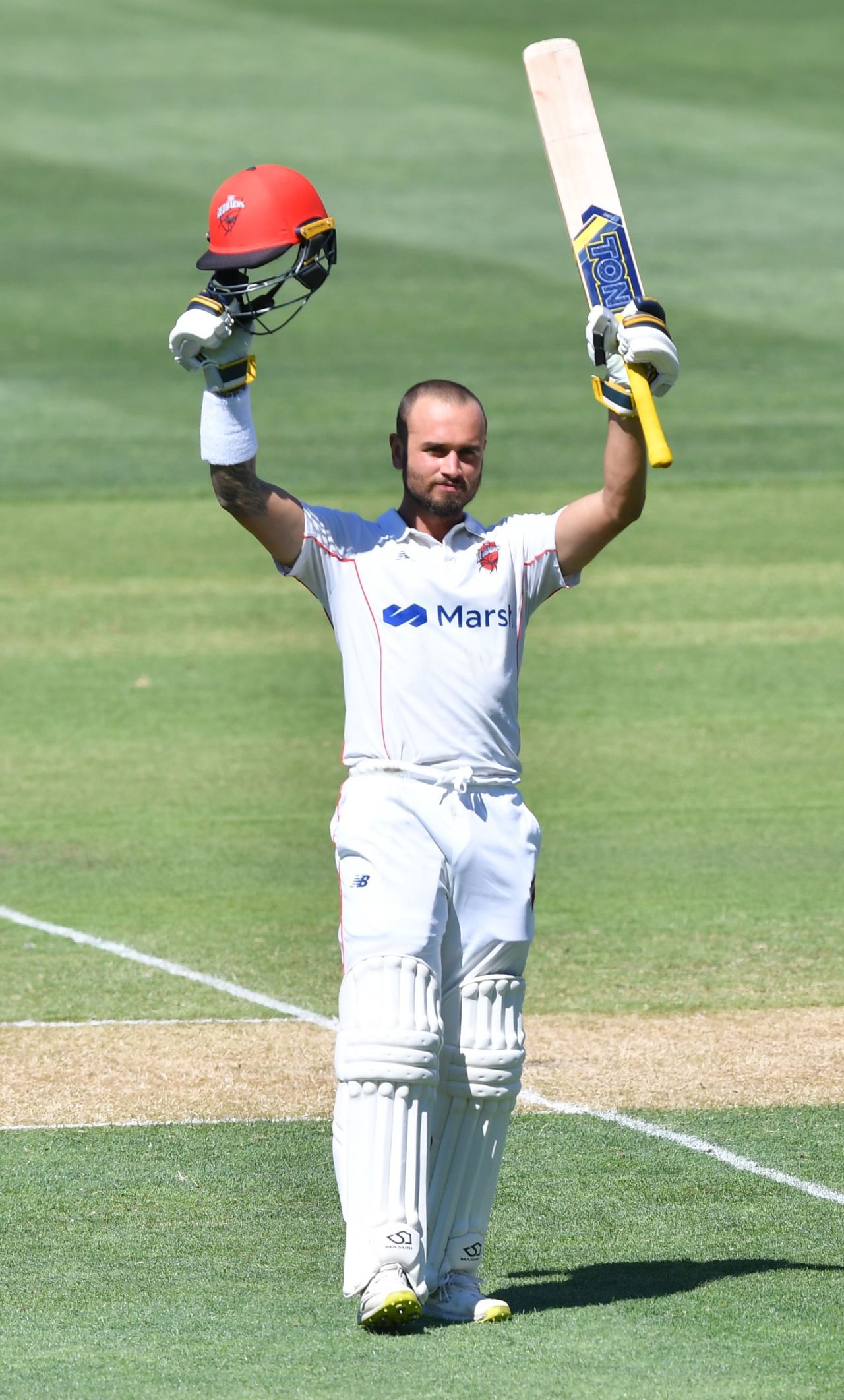 Jake Weatherald celebrates reaching his century, South Australia vs Victoria, day 1, Sheffield Shield, Adelaide, February 9, 2022